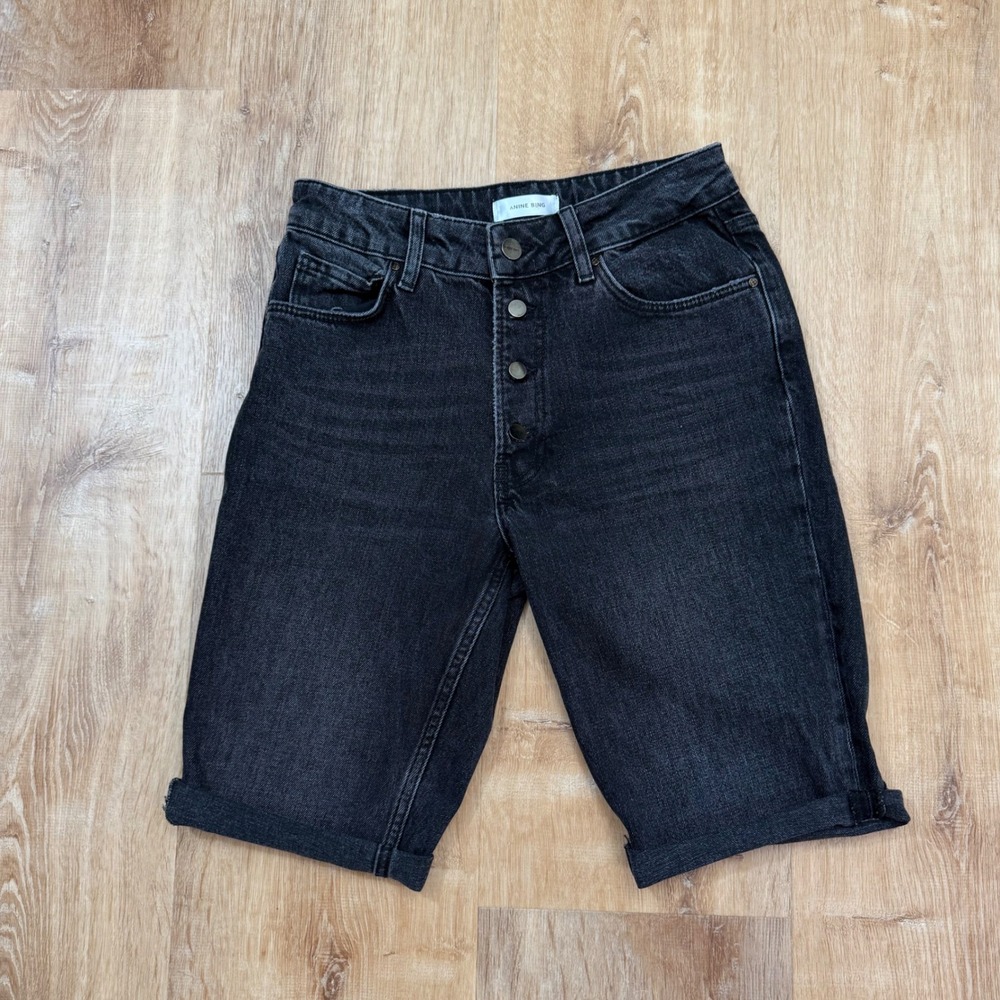 ANINE BING Black Denim Button Fly Bermuda Cutoff Shorts Women's Size 26